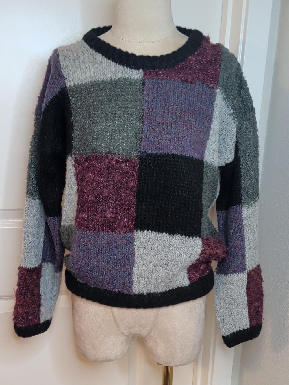 Vintage 80s Women's Neiman Marcus Sweater Grey Burgundy Patchwork Nubby SZ Small